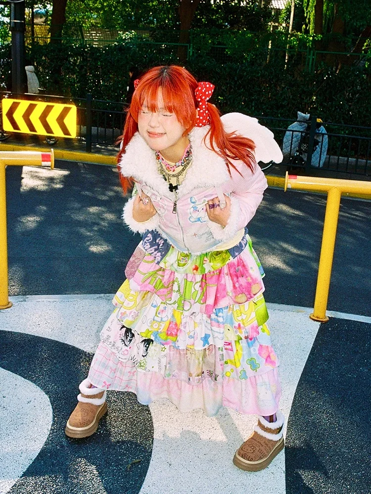 Millennial Hot Girl Cute Sweet Dopaamine High Waist Puffy Skirt Japanese Style  Cake Print Half Length Long Skirt