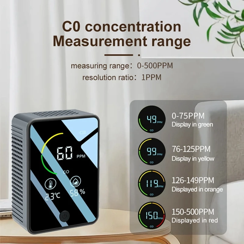 Detector de calidad del aire 3 en 1, Detector de humedad y temperatura de monóxido de carbono, alarma de CO interior para casas y coches