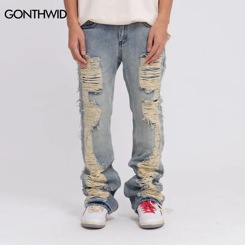 Hip Hop Jeans Y2K Streetwear Ripped Destroyed Punk Denim Pants Men Harajuku Fashion Baggy Wide Straight Leg Jeans Trousers Blue