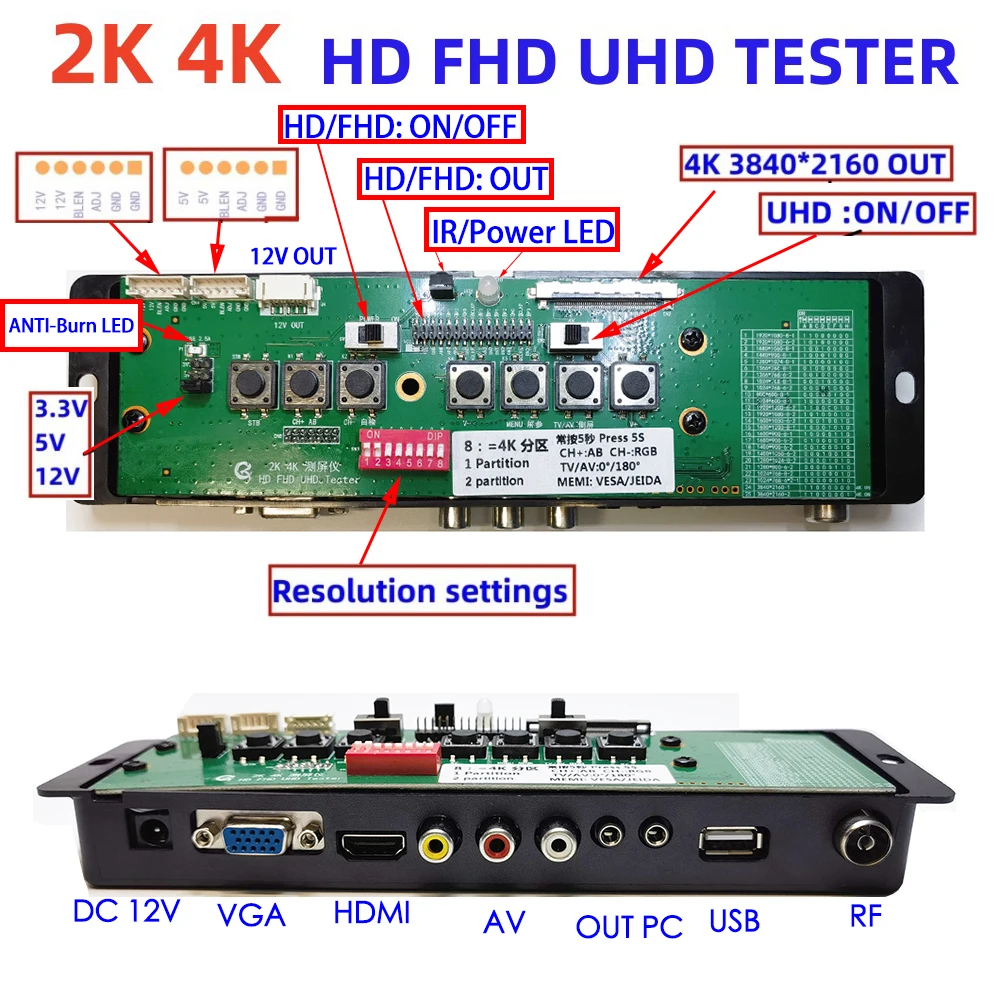 Screen Tester 7-110“ LCD LED TV screen PC monitor 2K 4K HD FHD UHD Tester 1/2 partition TV Display Repair Tool 3840*2160 max