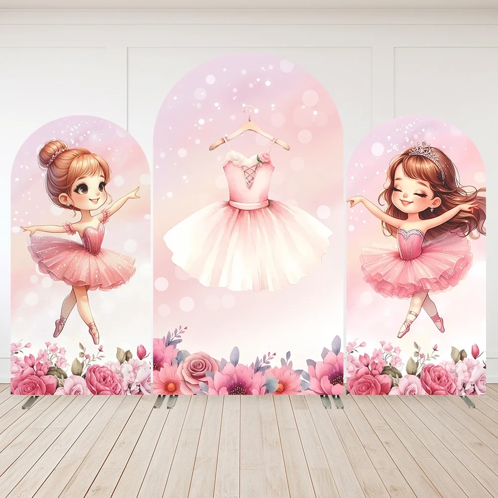 

Pink Ballet Girls Arch Wall Backdrop Party Banner Decor Flowers Newborn Baby First Birthday Arched Cover Background 2-Sided