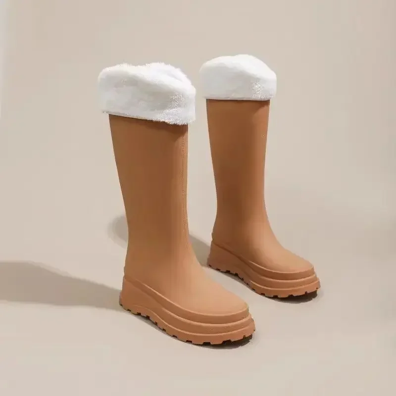 Botas Largas de lluvia de goma para Mujer, zapatos de plataforma cálidos antideslizantes e impermeables con forro de felpa para exteriores, Botas altas para Mujer 2024