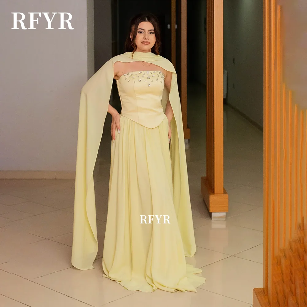 

RFYR A Line Party Dress Chiffon with Scarf Evening Dress Beading Crystal Stones Celebrity Gala Dress Vestidos Customized