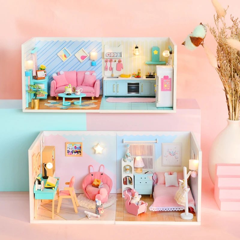 DIY Wooden Doll Houses Miniature Building Kits with Furniture Mini Bedroom Kitchen Casa Dollhouse Toys for Girls Birthday Gifts