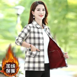 Add Velvet Shirt Female Tops Middle-Aged Mom 2025 New Spring Autumn Slim Thin Plaid Coat Long Sleeve Women's Shirt Jacket 5XL