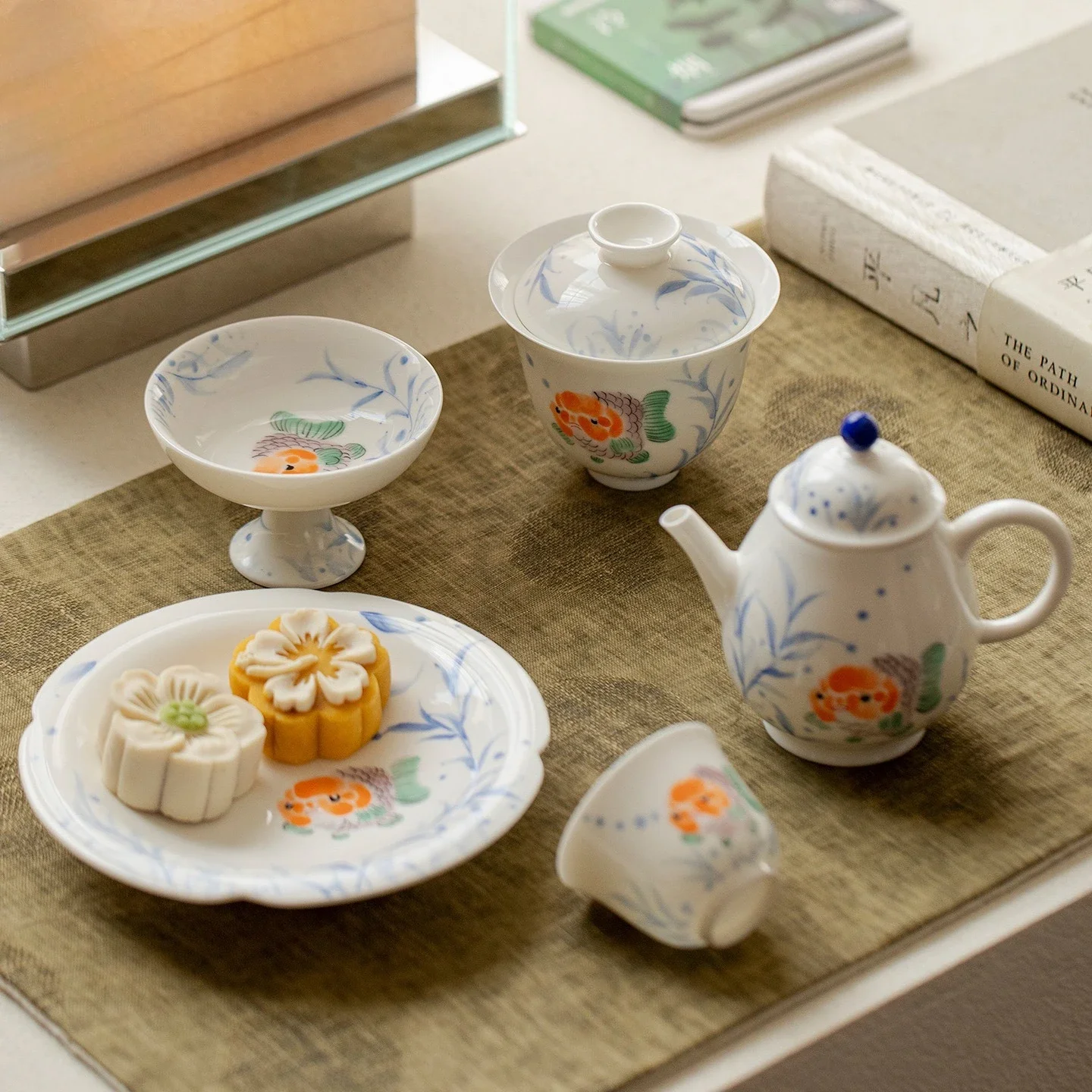 1PC Guofeng Hand-painted Jade Mud Fat Head Fish You Literati TeaSet Collection Household Kung Fu TeaSet Teapot Cover Bowl Teacup