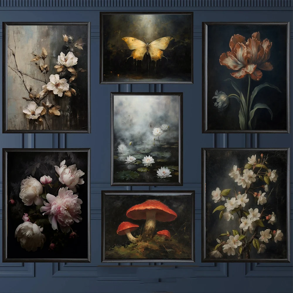 Vintage botanik çiçek estetik antika posterler boyama koyu akademik altın kelebek tuval baskı viktorya tarzı ev dekor