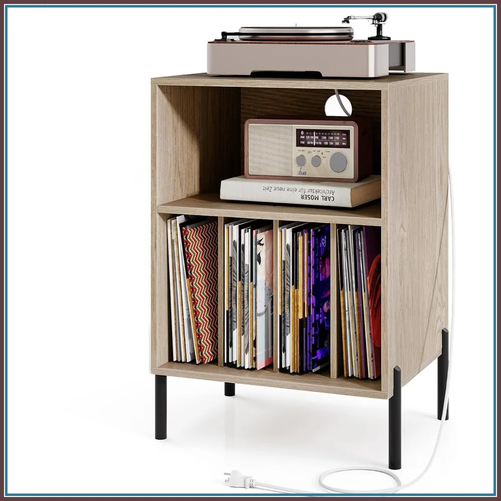 

Record Player Stand with Charging Station, Turntable Cabinet Storage for Vinyl up to 150 Albums, Oak
