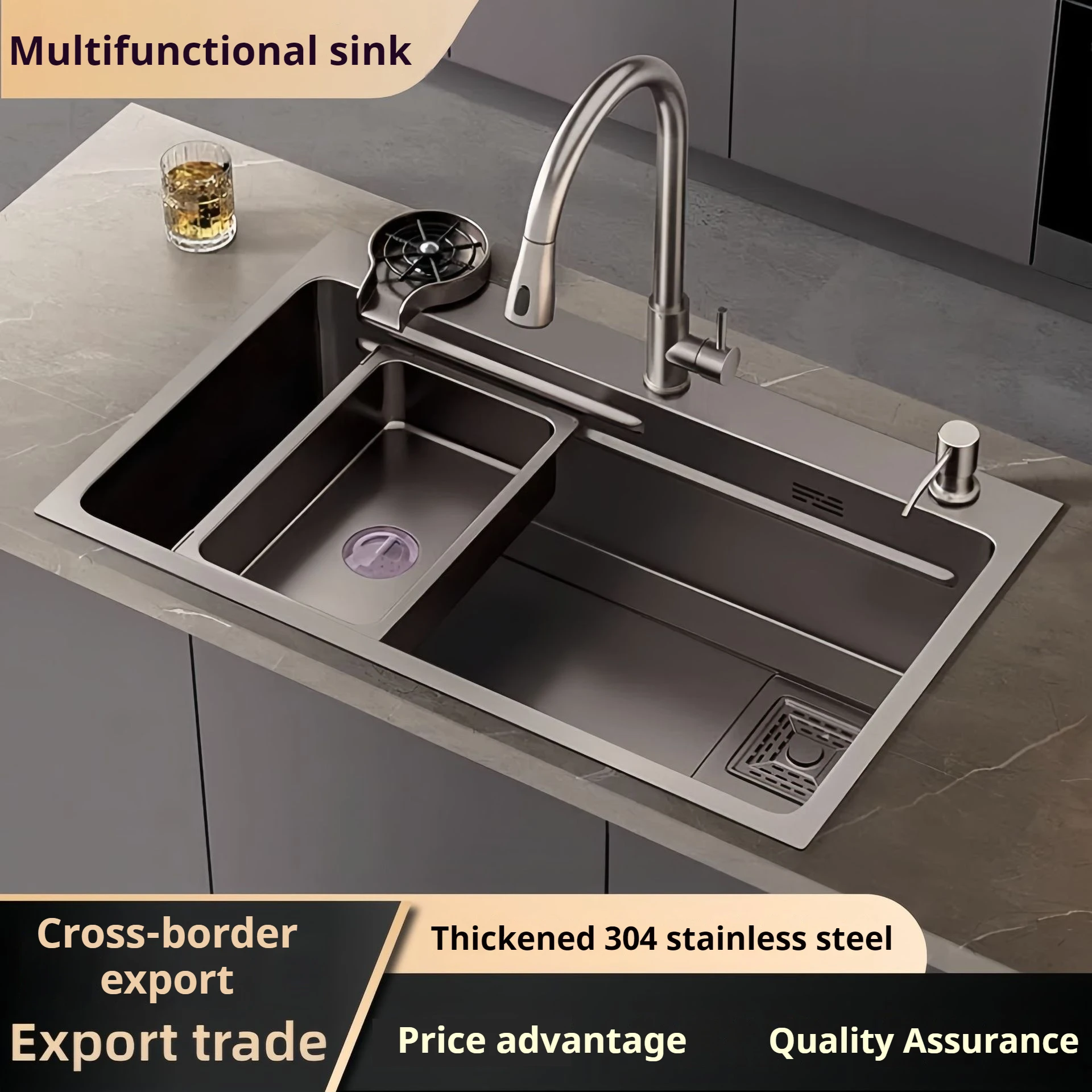 

Gray Stainless Steel Kitchen Sink Large-Capacity Single Sink Wear-Resistant For Installation On Or Under The Counter Accessories
