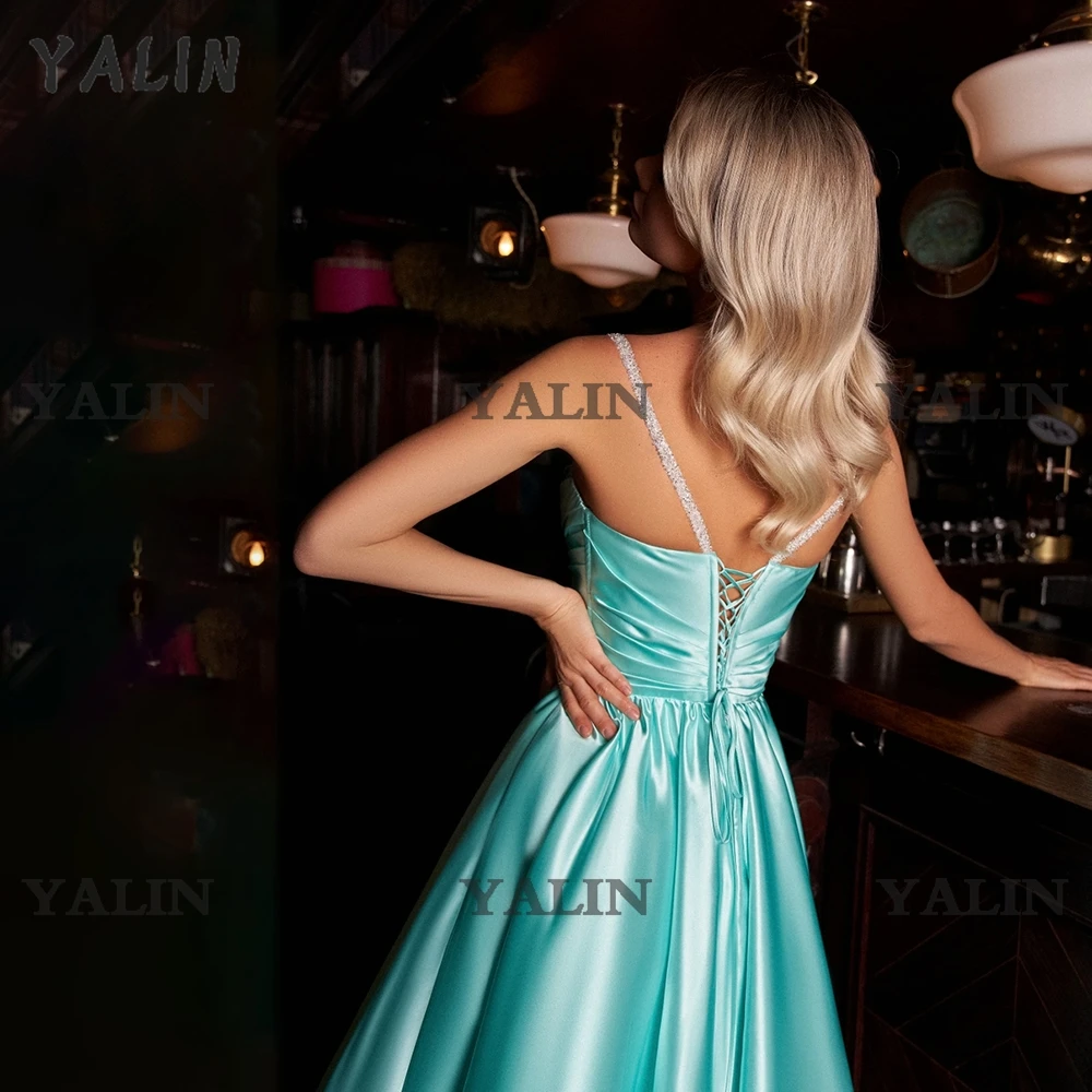 Yalin Elegante Spaghettibandjes Prom Party Jurk Blauw Satijn Homecoming Jurken Knielengte Verjaardag Jurken Vestidos De Fiesta