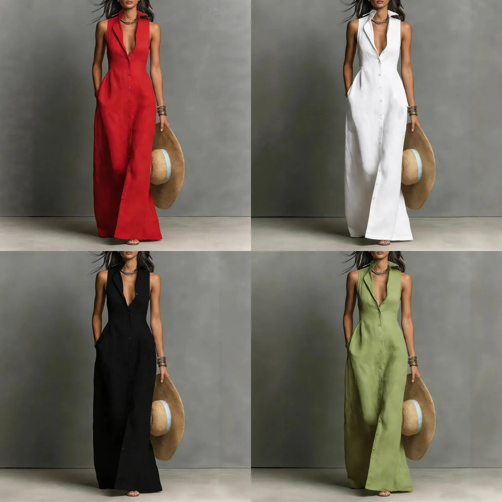 Women Summer Dress Dresses Sleeveless Shirt Blouse Top Button Down Midi Dress Matching Set Evening Gown