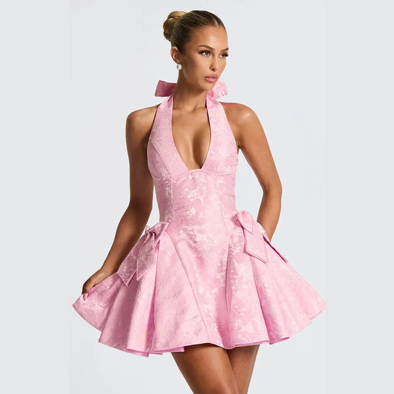 Halter Jacquard espalda descubierta arco corto vestido de verano mujer Sexy cintura alta A-line Rosa Mini vestidos Y2K fiesta de noche nuevo cumpleaños