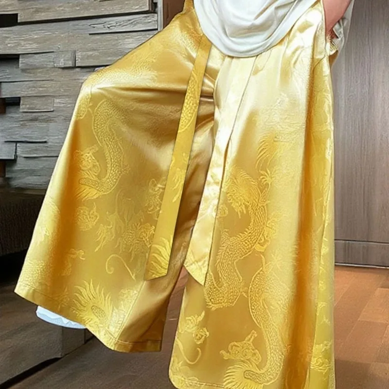 women 2026 Ice Silk Chinese Style Dragon Pattern Large Size Jacquard Pants Loose Culottes New Wide-leg Summer Casual Hanfu