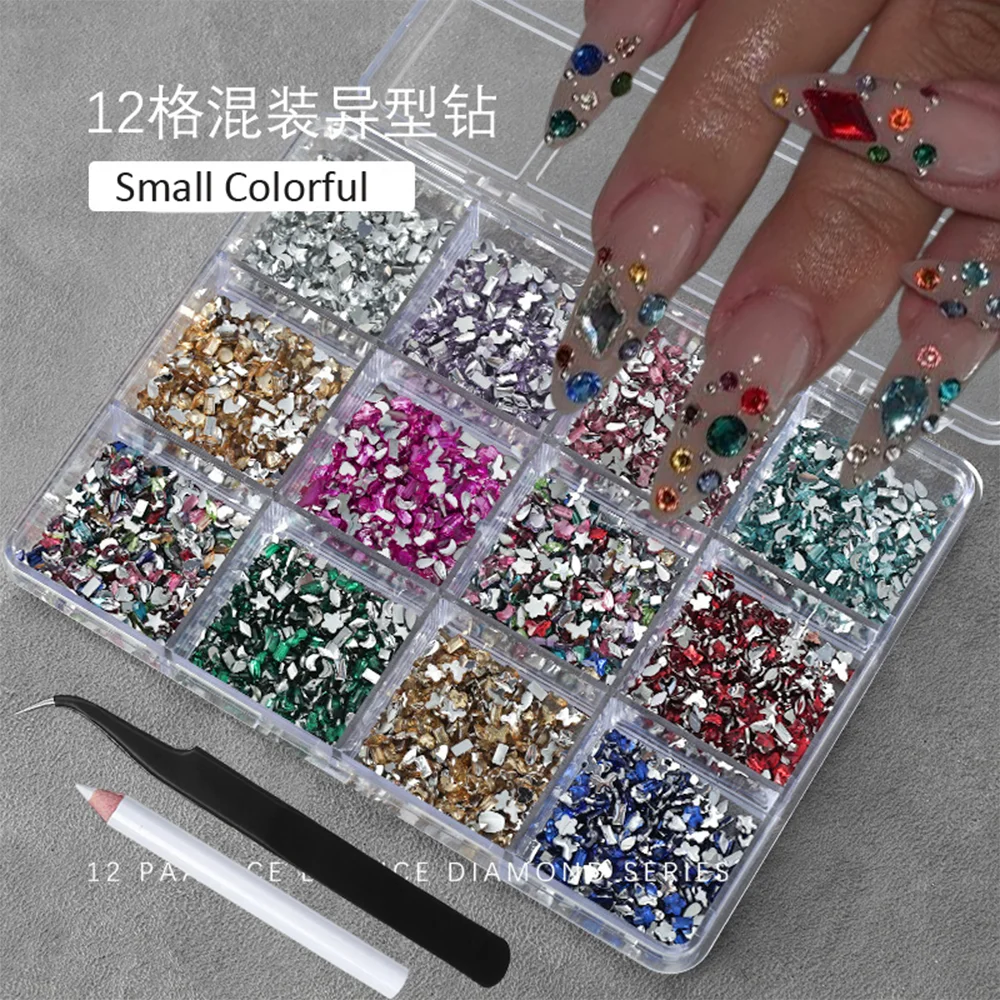 12Grids 3D Colorful Multi-Shape Nail Art Rhinestones(with Pen&Tweezers) Flat-back Crystal Gems Nail Charms Crafts Manicure Decor