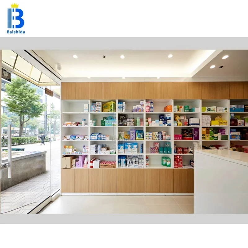 

custom.Modern Minimalist Pharmacy Counter Wood Grain Design Pharmacy Cashier Design Medical Display Cabinet Custom Retail