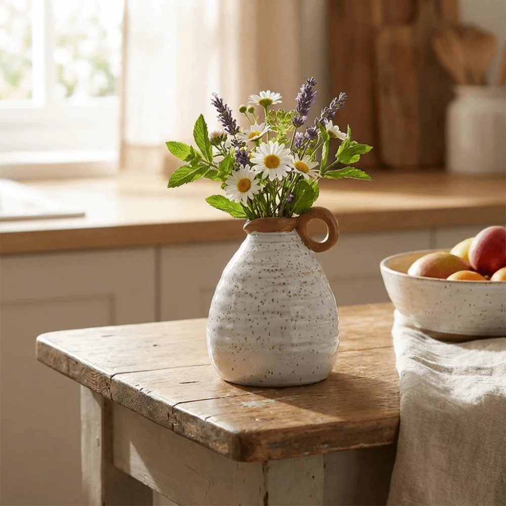 Floral Embossed Polka Dots Ceramic Vase Retro Luxury Tableware Racks with Handle Farmhouse Style Tableware Storage Jars Kitchen
