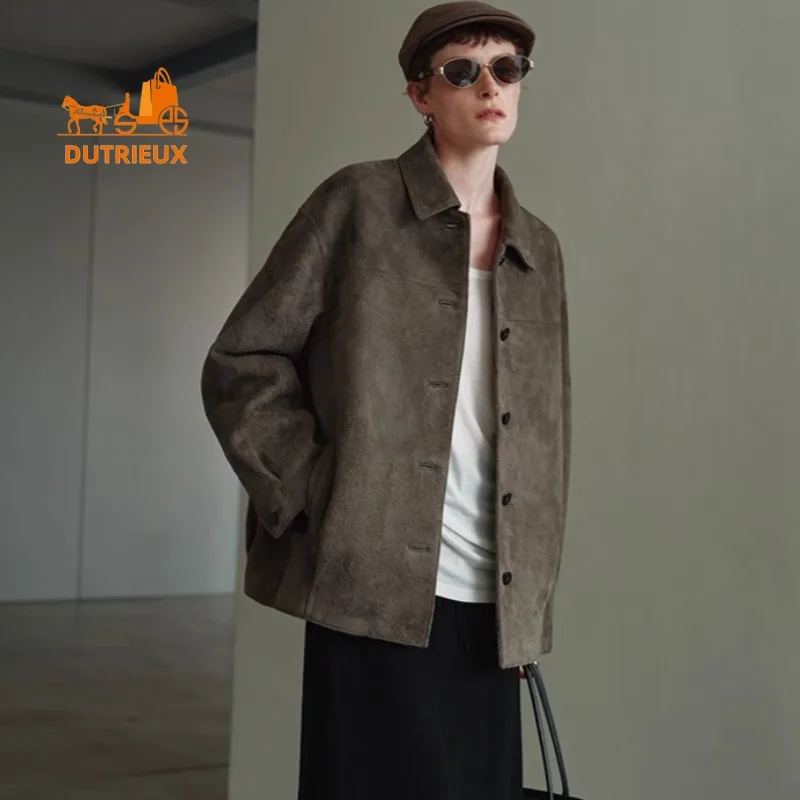 Winter Women's Matte Lapel Silhouette Long Plush Leather Jacket, 100% Genuine Sheepskin, Low-key Noble and Fashion Leather Coat