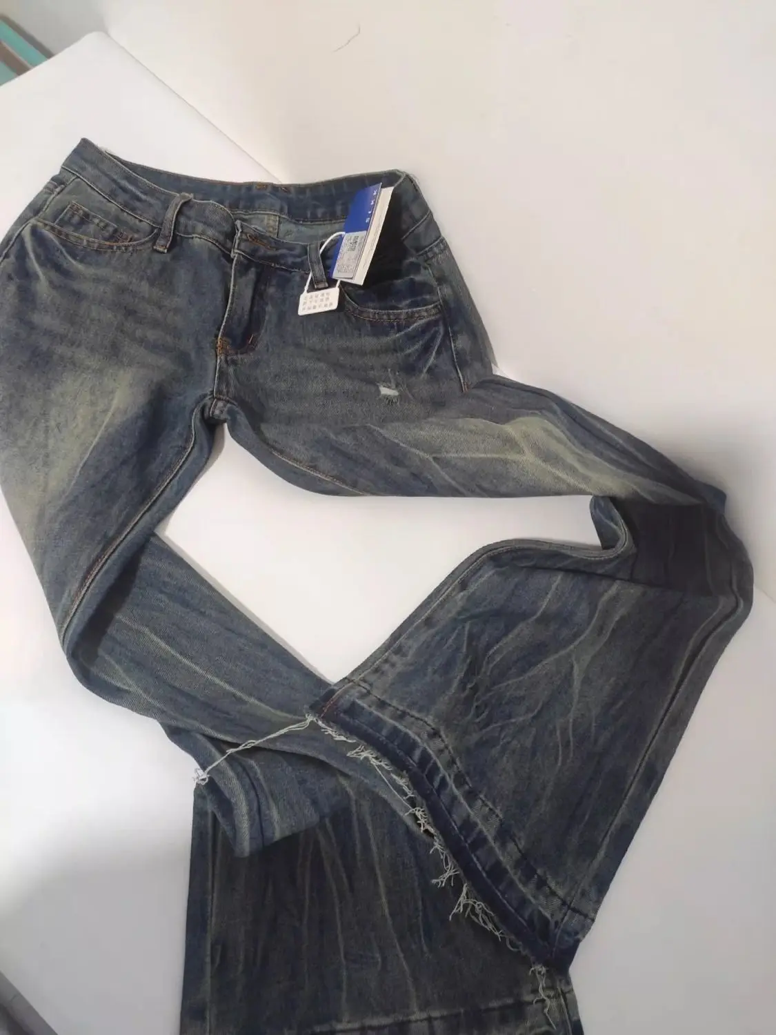 أنيقة أنيقة المتعثرة خمر متوهج الجينز النساء منخفضة الخصر سليم صالح فضفاض الخام هيم الطابق طول الدنيم السراويل موضة جديدة