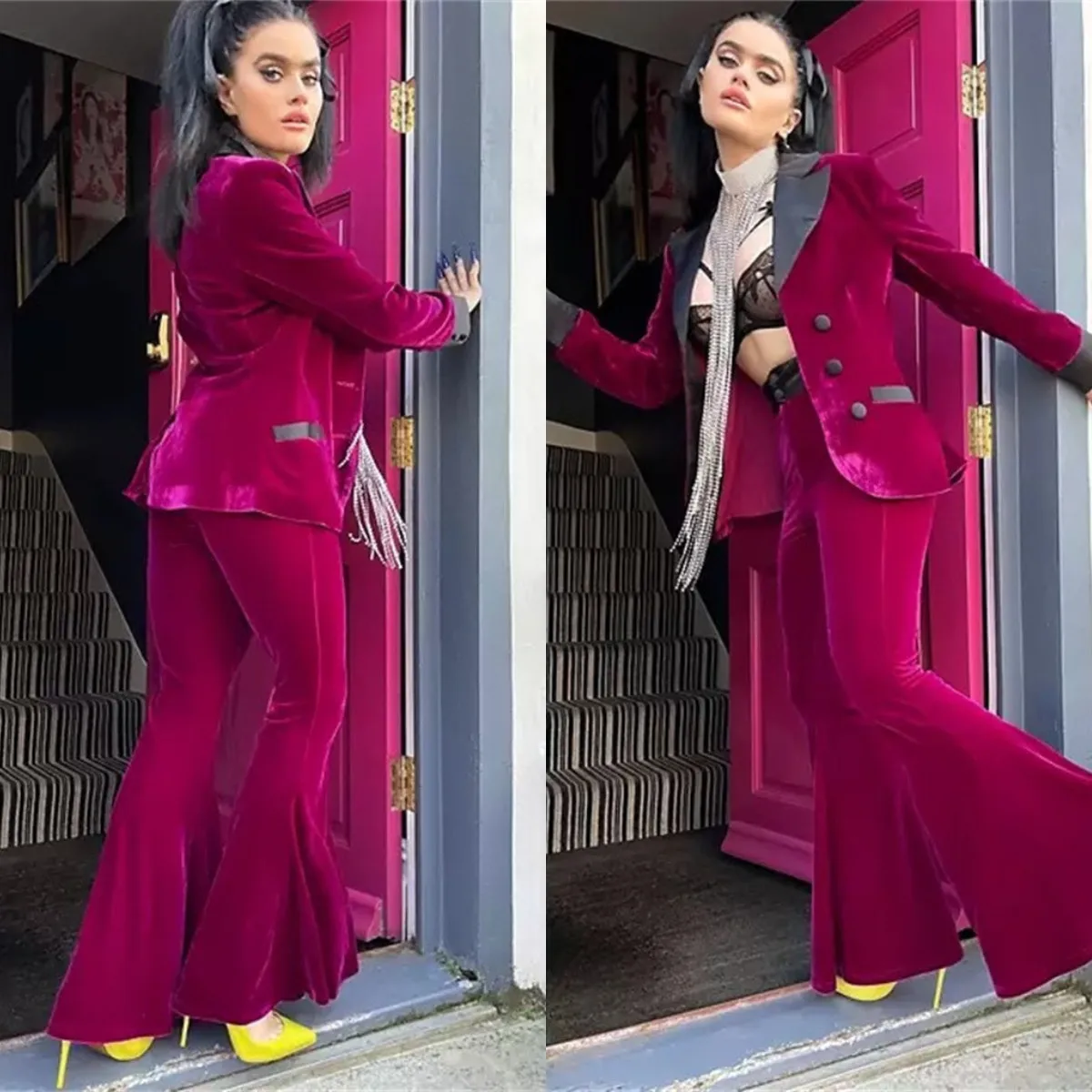 Beludru Pakaian Wanita Set 2023 Double Breasted Tuxedo 2 Sepotong Blazer + Celana Formal Pesta Pernikahan Prom Malam Custom Made