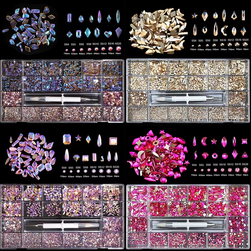 2800/3100PCS Nail Art Diamante Fondo Piatto Di Vetro Diamante 21 Griglia Multi-stile Diamante Lucido Unghie Strass FAI DA TE Unghie artistiche gioielli