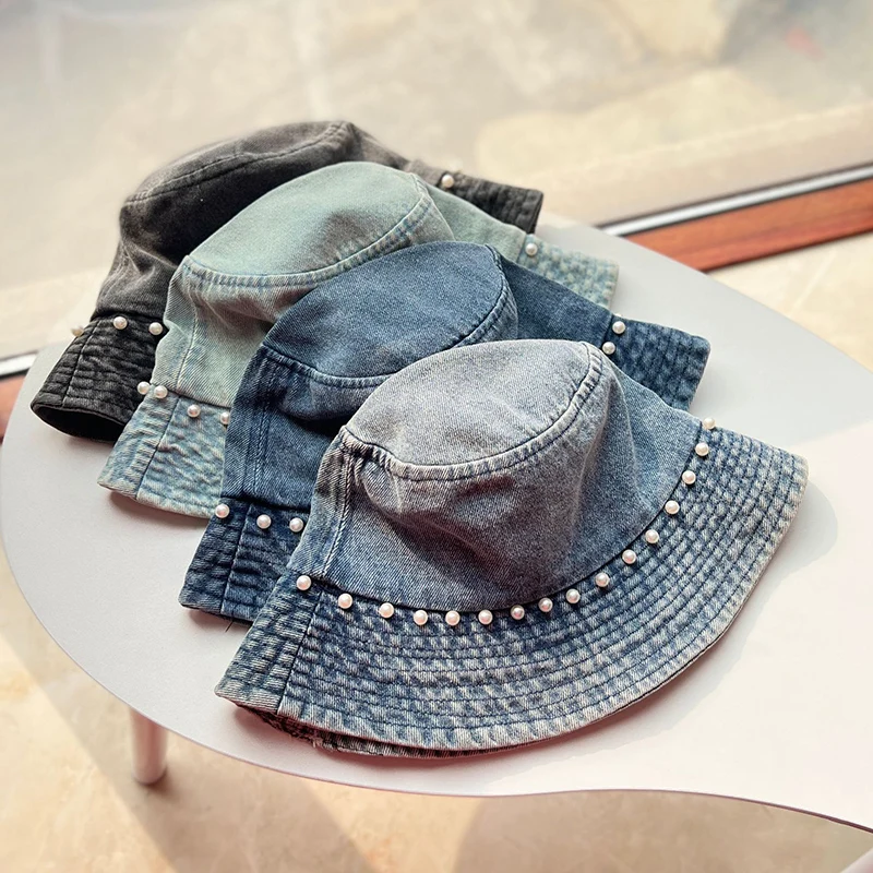 

New Korean Denim Style Bucket Cap With Pearl Retor Fisherman Hat For Women Spring Summer Outdoor Stylish Outfit Elegant Sun Hat