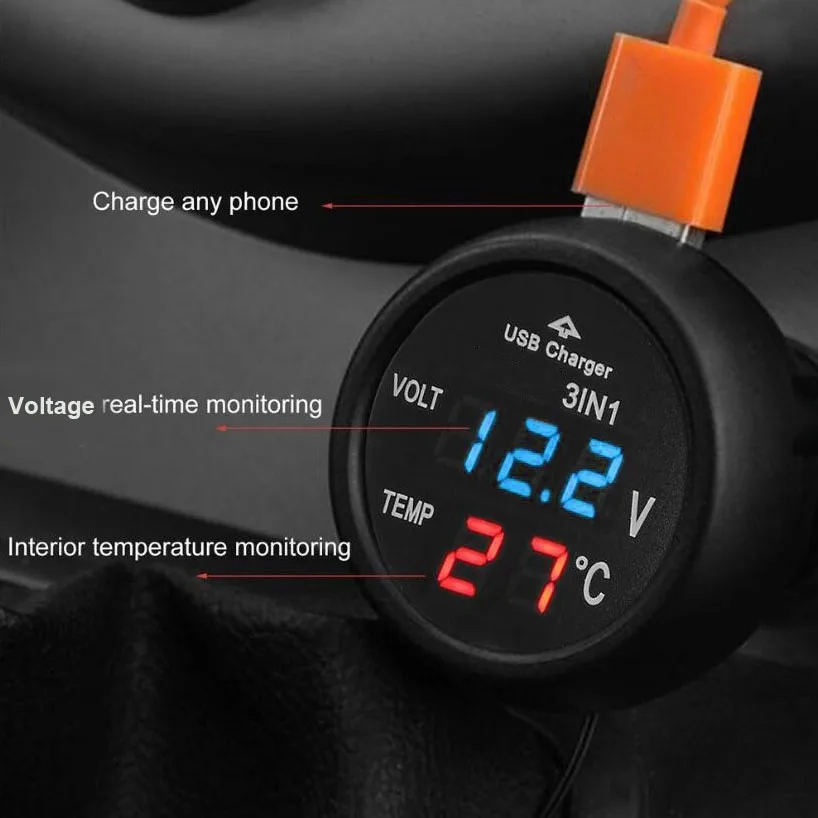 3 In 1 Car Voltage Meter USB Charger Temperature Monitor 12V 24V LED Light Digital Voltmeter Thermometer Cigarette Ligter Gauge