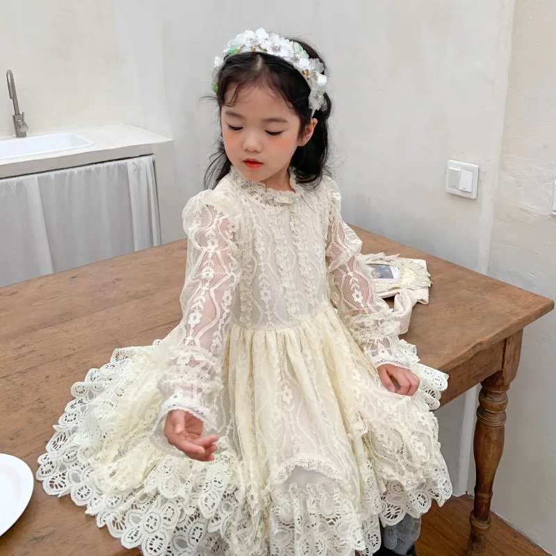 

Girl Dress New Spring Autumn Korean Fashion Style Lace Tulle Skirt Baby Girl Solid Long Sleeve Princess Dress Casual Dresses