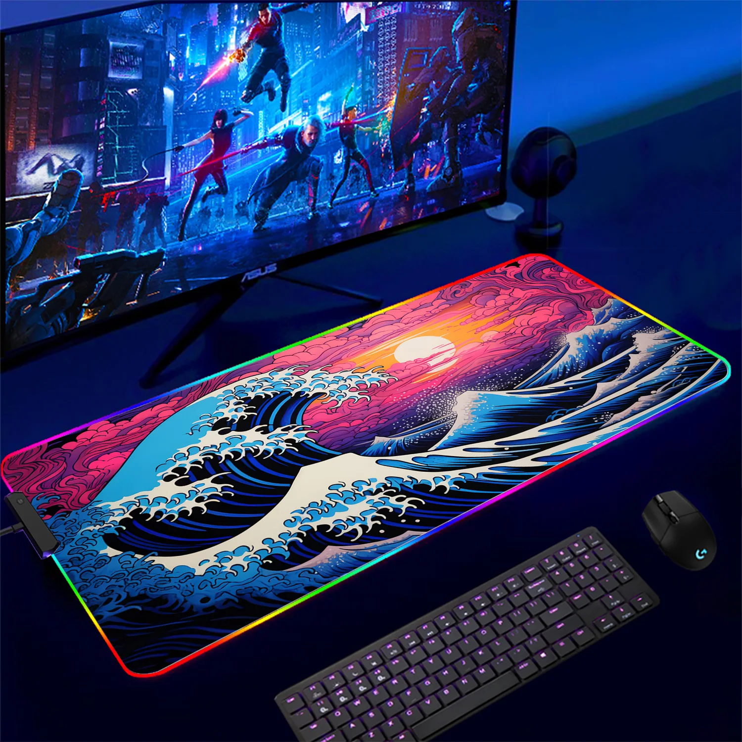 The Great Wave off Kanagawa RGB Gaming Mouse Pad Desk Mat LED Light Mousepad Artistic Computer Carpet With Backlit Mouse Pads