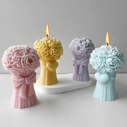3D Love Heart with Bow Bouquet Rose Candle Silicone Mold DIY Flower Soap Plaster Epoxy Making Handmade Chocolate Baking Tools