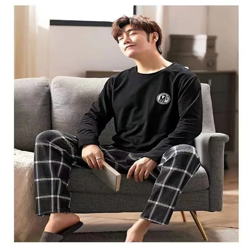 Two-Piece Men\'s Pajamas Long-Sleeved Homewear Thin Homewear Striped Black Plaid Trousers