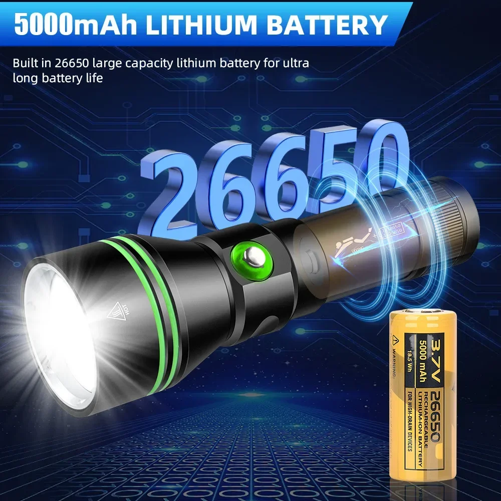 Most Powerful Scuba Diving Flashlight P70.2 Super Bright 8000lm 26650 Battery Dive Torch 200 meters Underwater IPX8 Dive Lantern