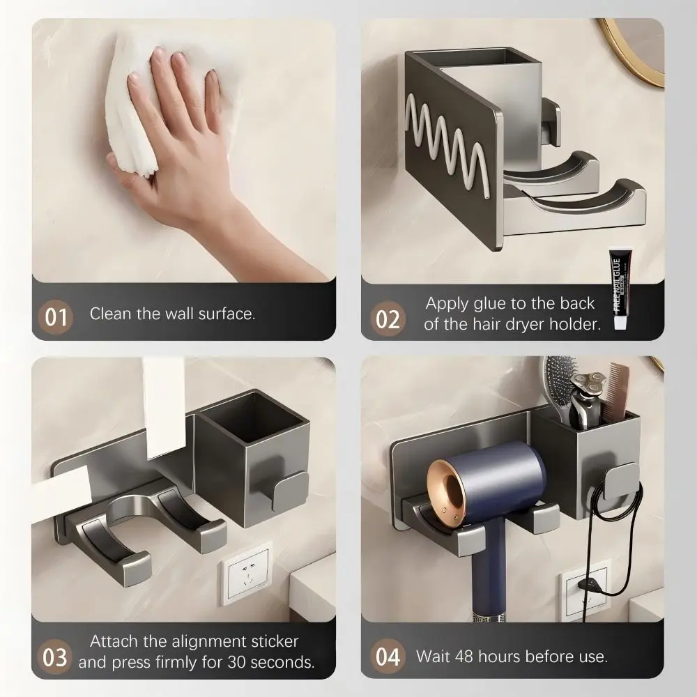 حامل مجفف الشعر المثبت على الحائط بدون حفر، دعامة تخزين متعددة الوظائف لتوفير المساحة، حامل منفاخ متين