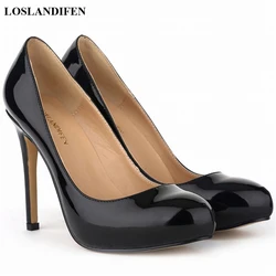 Salto alto de couro redondo para mulheres, sapatos de plataforma para senhora, bombas de senhora concisa, sapato raso, festa de casamento, preto, vermelho, novo, 2022