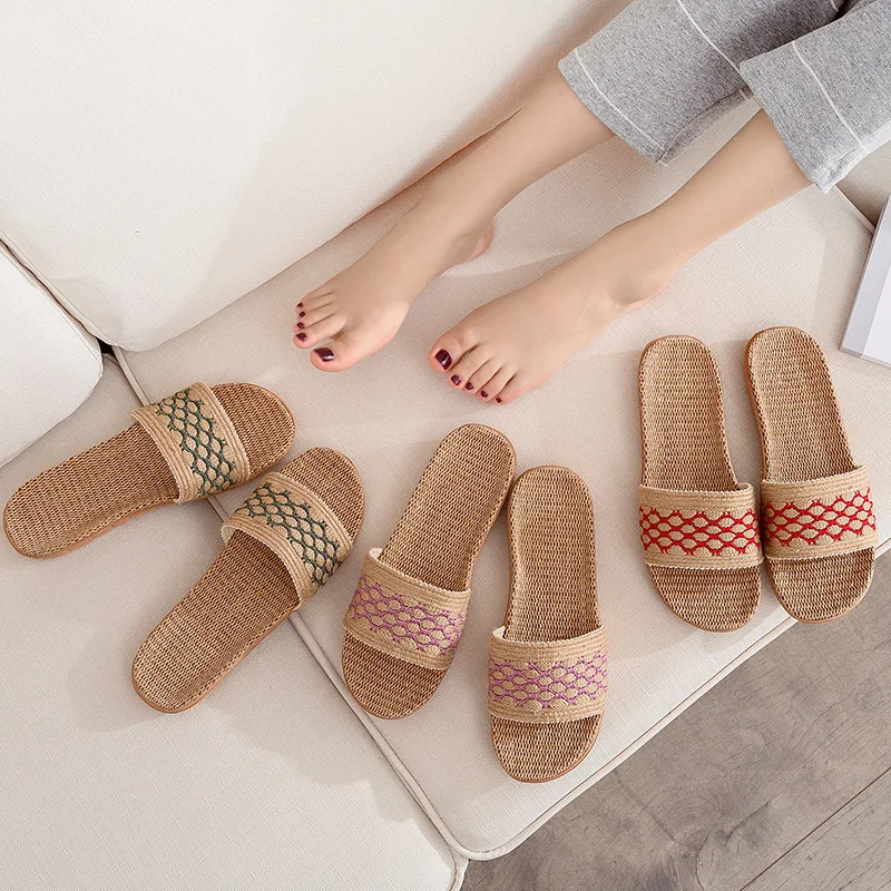 Fashion Casual Anti-slip Slippers Womens Couples Slippers Comfort Beach Sandals Flip Flops Linen Home Indoor Open Toe Flat Shoes