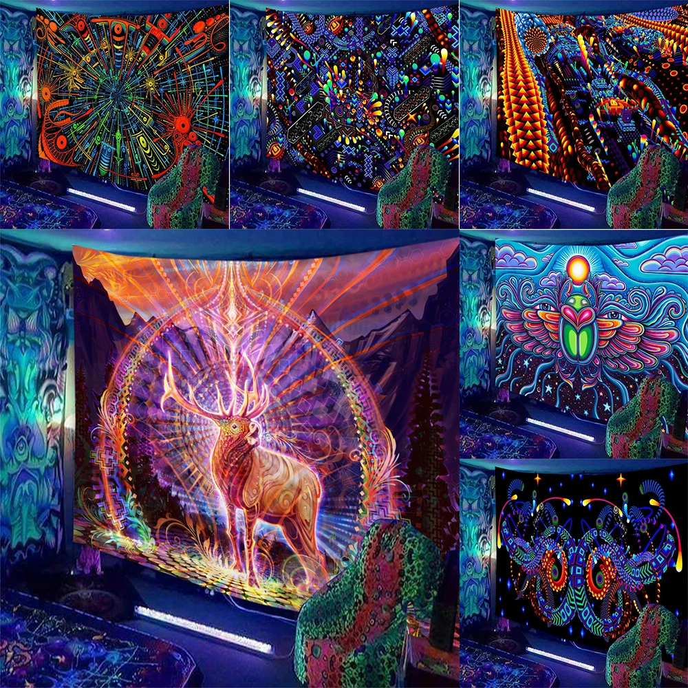 Fluorescent Psychedelic Starry Sky Space Tapestry Wall Hanging UV Reactive  Skull Beautiful Room Home Decoration