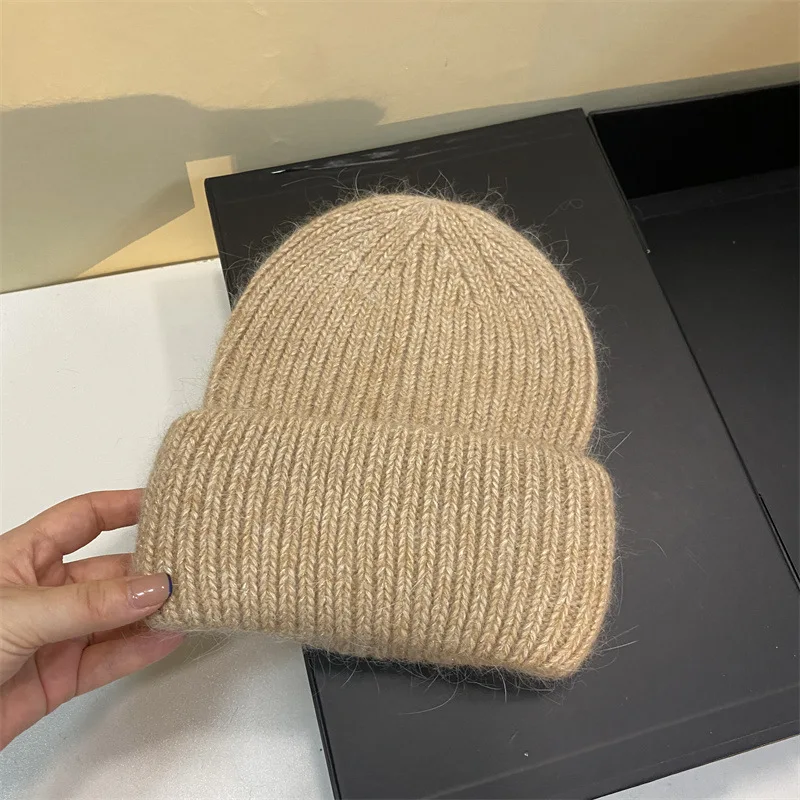 Thicken beanie cap for adult women New rabbit fur knitted hat Winter Unisex Girls Skullcap Solid plain skullies caps