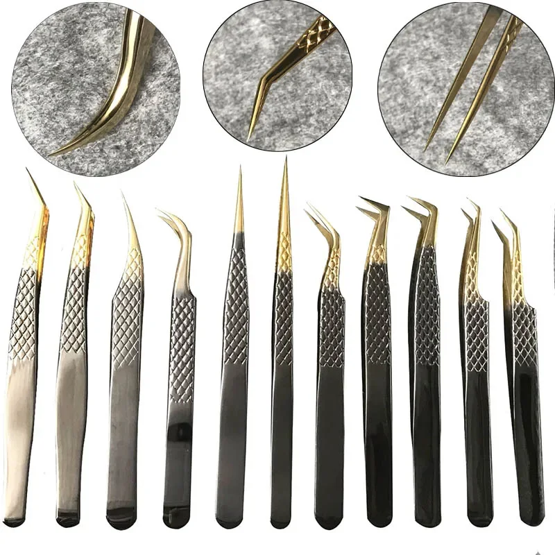 Black Golden Eyelashes Tweezers Professional Stainless Steel Lashes Extensions Tweezers Precision Anti-static Makeup Beauty Tool