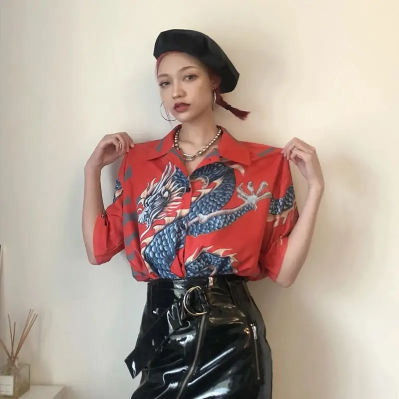 Dragon printing shirts for ladies New chic Women\'s Blouses Harajuku Tops Short Sleeve Female Blusas Mujer