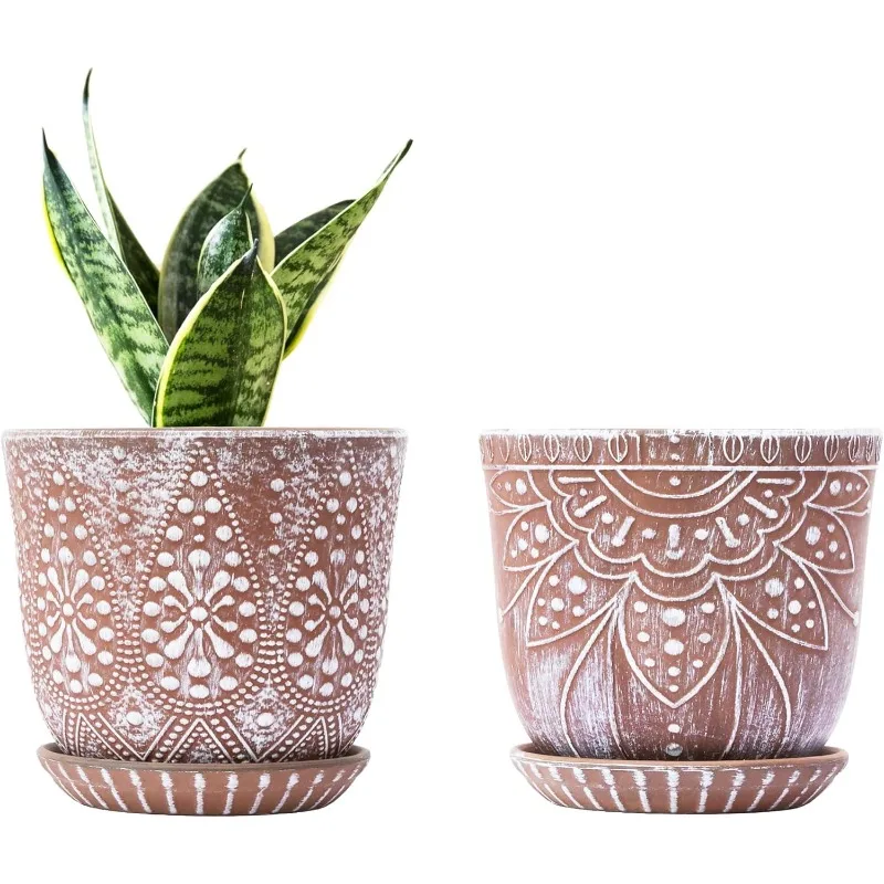 

6 Inch Beaded Ceramic Planter Set of 2 with Drainage Hole and Saucer for Plants