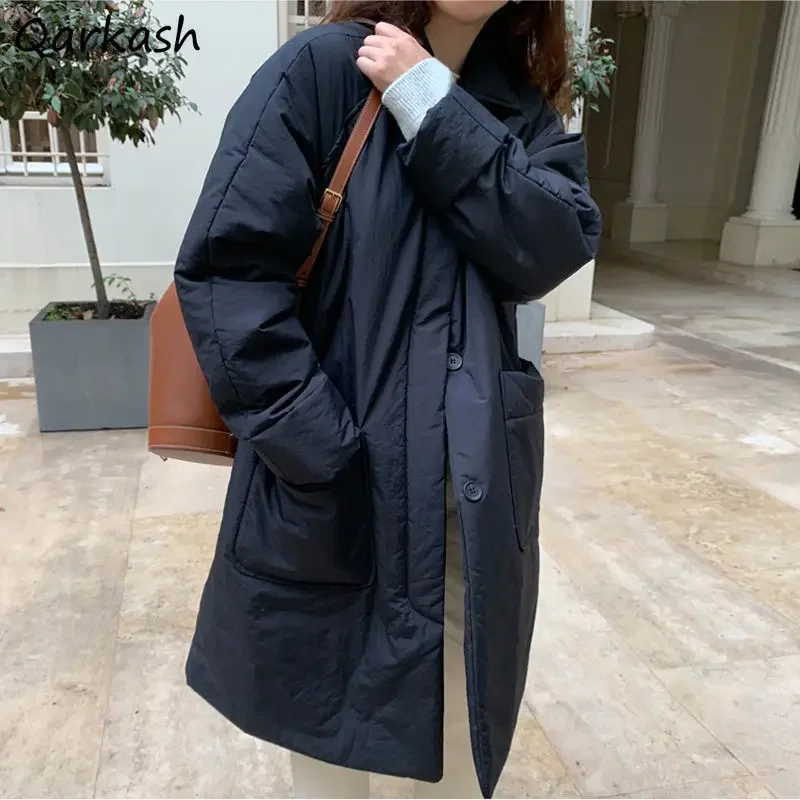 Medium-long Style Parkas Women Retro Solid Vintage Streetwear Turn-down Collar Button Up Parka Female Loose Thicker Winter Coats