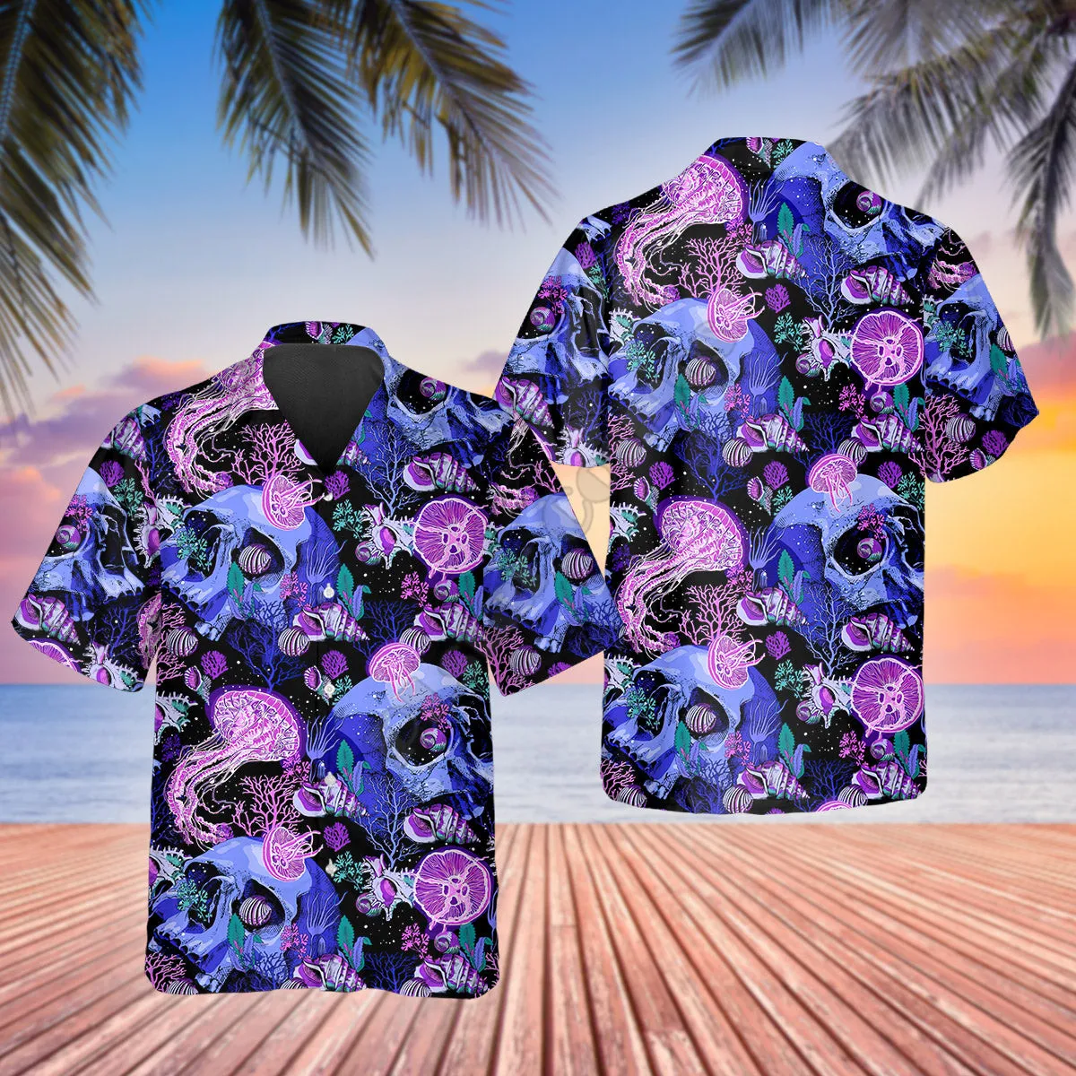 3D Printed Purple Jellyfish Skull Hawaiian Shirt Summer Short Sleeved Shirts Men Shirts Oversize Camisa Social 5XL