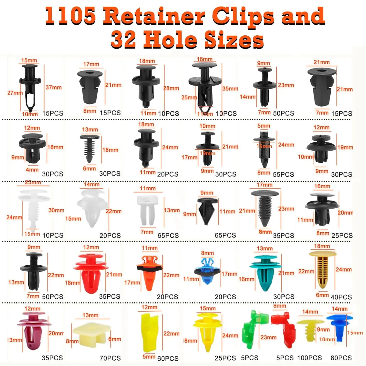 32Universal Sizes Nylon Bumper,Door Panel Clips, and Plastic Rivets with 10 Cable Ties and Removal Tool for Toyota,Ford(1240pcs)