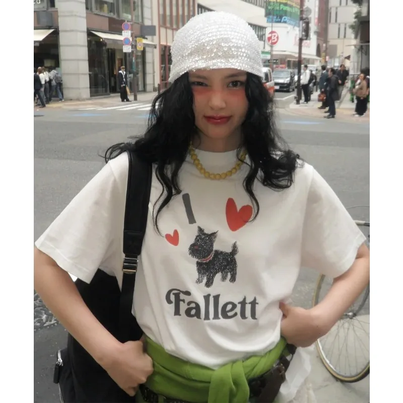 

New Korean Women's T-shirt Men's Fallett Puppy Drawing Summer High-end Short Sleeved T-shirt Casual Street Wear T-shirt