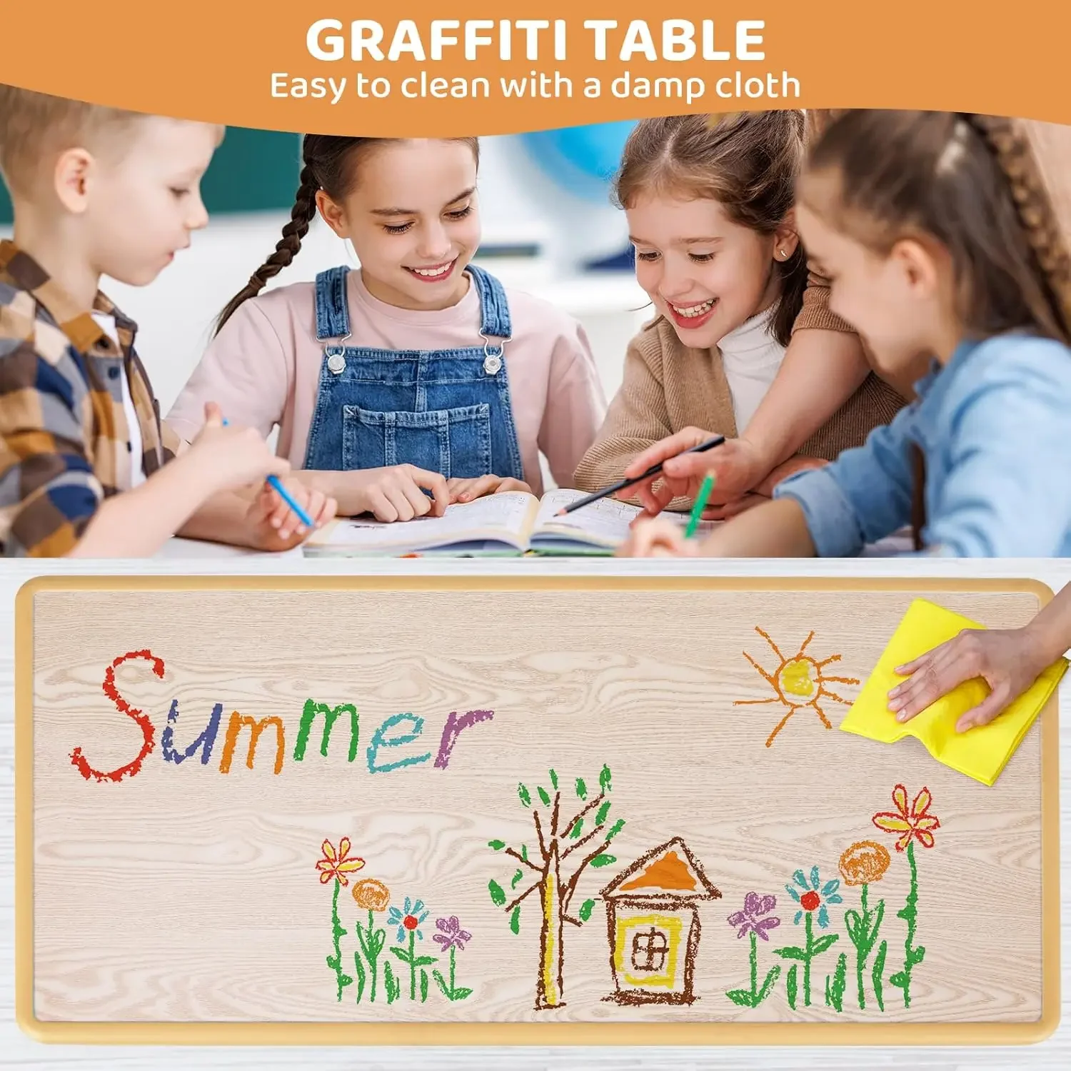 Set tavolo per bambini e 6 sedie, tavolo Graffiti regolabile in altezza, tavolo artigianale per attività prescolari, per asilo nido, aula, casa Bo