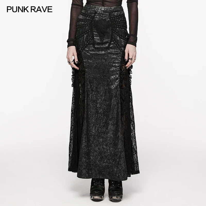 

PUNK RAVE Women's Gorgeous Textured Gothic Midi Skirt Party Clyb Decoration Sexy Lace Splicing Long Skirts Summer