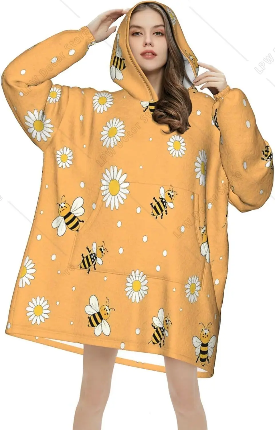 Daisy Bee Wearable Blanket Hoodie For Adults Flying Honeybee Oversized Sweatshirt Blanket Cozy Warm Sherpa Hooded Blanket