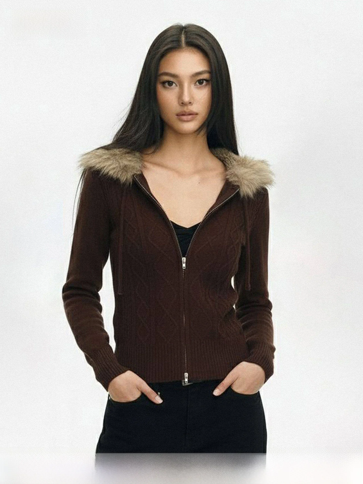 

WAEW Brown Wheat Fiber Mermaid Knitwear Zipper Hooded Jaet Fake Fur Collar Spring Autumn Winter Women's Faion Slim Fit