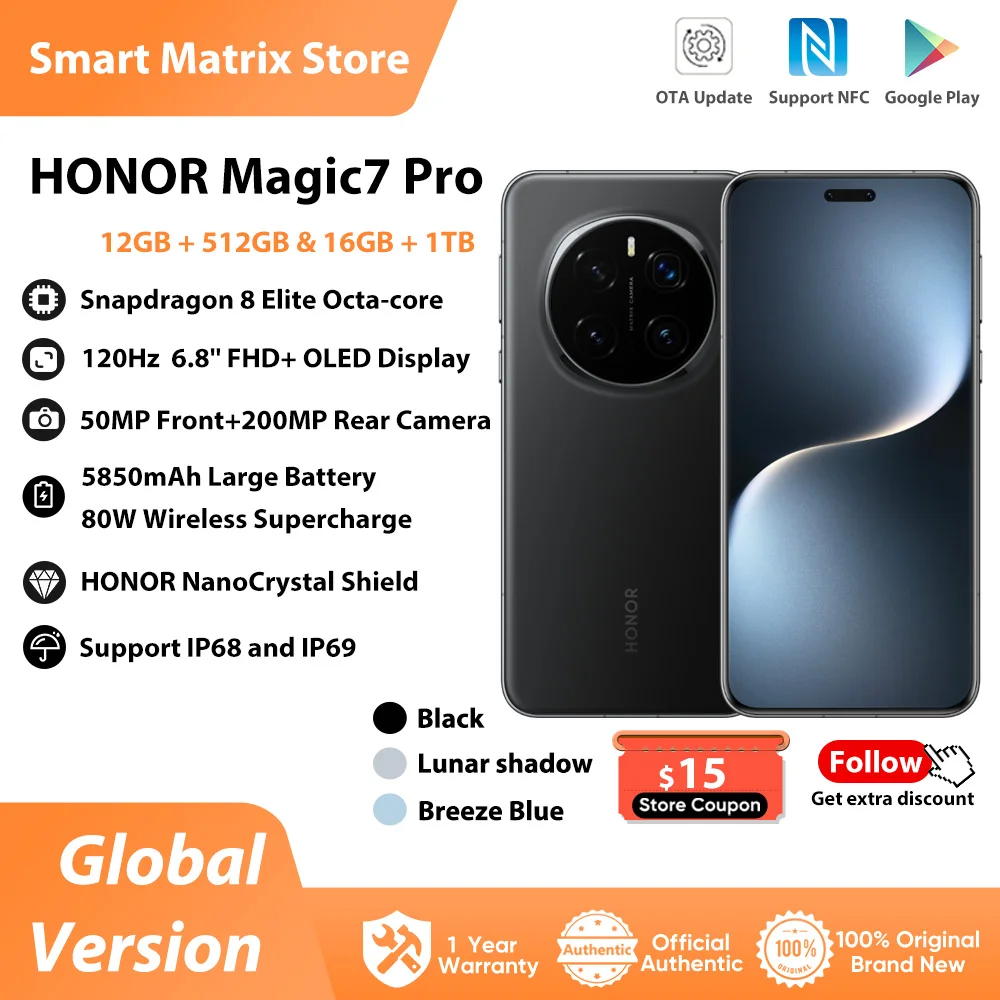 

2025 New Arrivals HONOR Magic7 Pro Global Version 5G Smartphone Snapdragon 8 Elite 6.8'' 120Hz Display 100W SuperCharge IP69