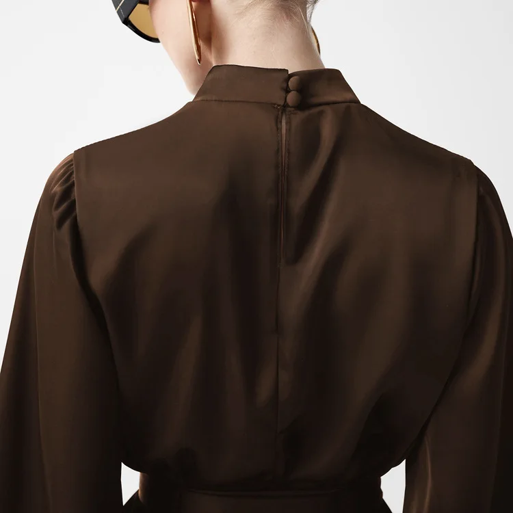 2025年春秋新作プレミアムサテン小衿長袖タイウエストAラインショートワンピースレディース