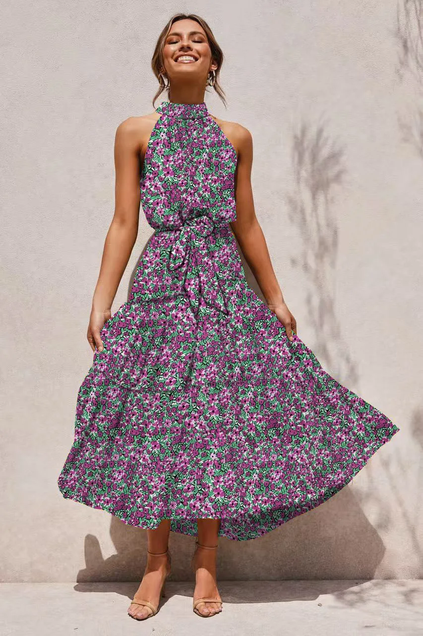 Women's Halter Neck Maxi Dress - Floral Print Boho Chic Smocked Waist Summer Beach Dress for Vacation Casual Wear